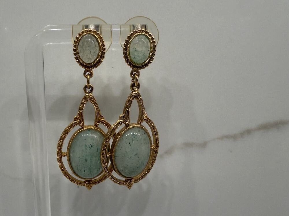 Vintage Gold Tone Aqua Cabochon Dangle Earrings Ornate Filigree Statement